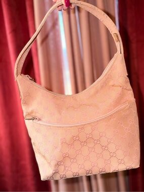 GUCCI Vintage Pink GG Monogram Canvas Small Hobo Shoulder Bag